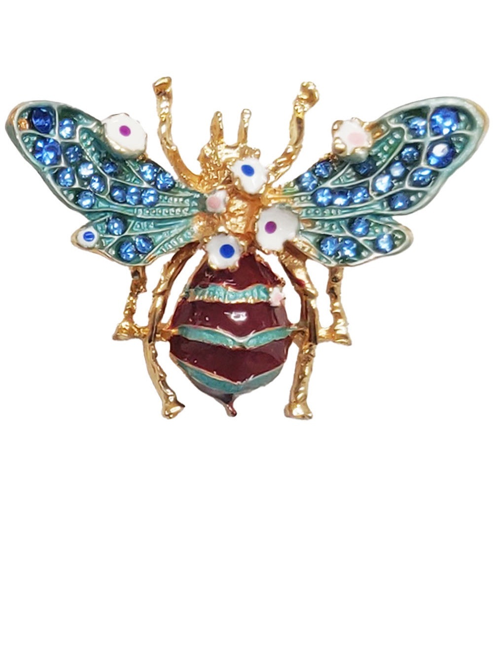 Aratta Gold-Tone Bee Brooch with Blue Crystal Wings and Burgundy Enamel Body